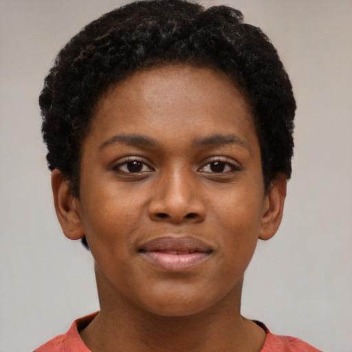 Neutral black young-adult female with short  black hair and brown eyes