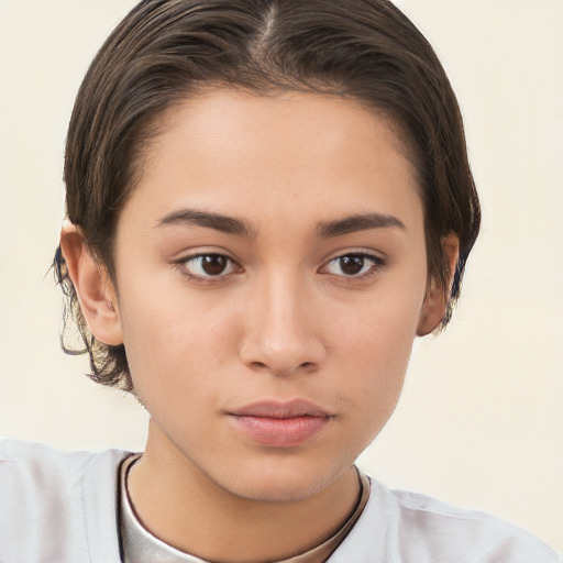 Neutral white young-adult female with short  brown hair and brown eyes