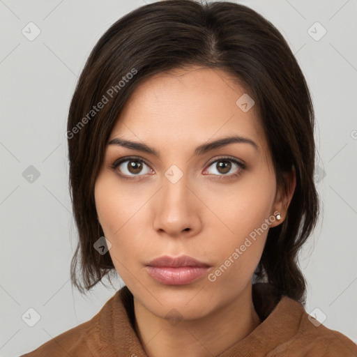 Neutral white young-adult female with medium  brown hair and brown eyes