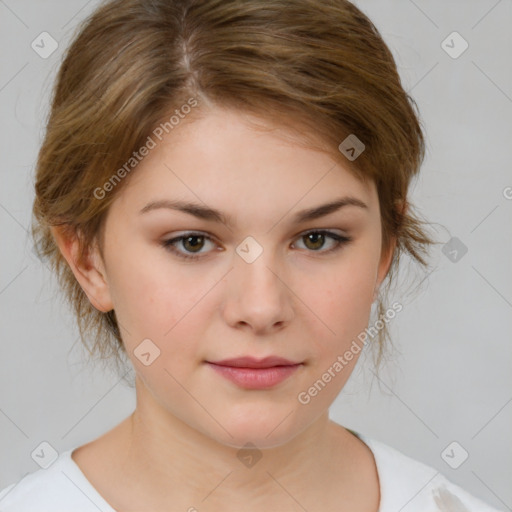 Neutral white young-adult female with medium  brown hair and brown eyes