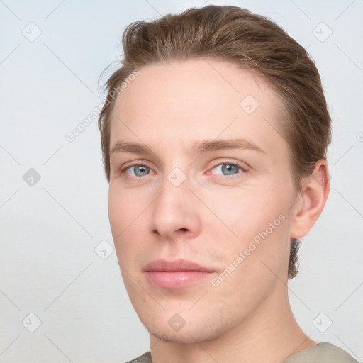 Neutral white young-adult male with short  brown hair and grey eyes