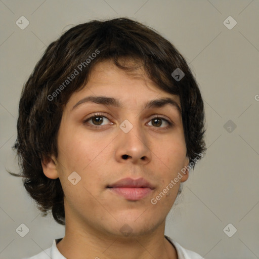 Neutral white young-adult female with medium  brown hair and brown eyes