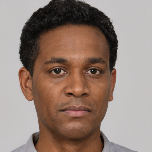 Neutral black young-adult male with short  black hair and brown eyes