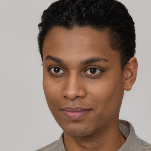 Neutral black young-adult male with short  black hair and brown eyes