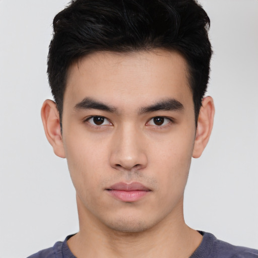 Neutral asian young-adult male with short  black hair and brown eyes