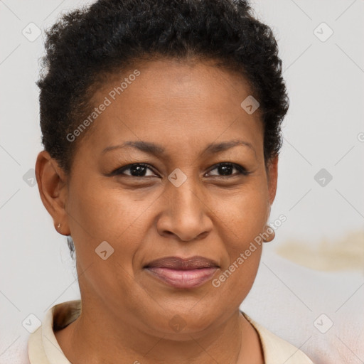 Joyful latino adult female with short  brown hair and brown eyes