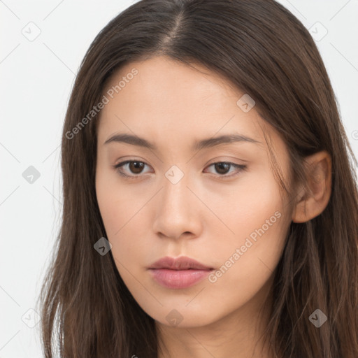 Neutral white young-adult female with long  brown hair and brown eyes