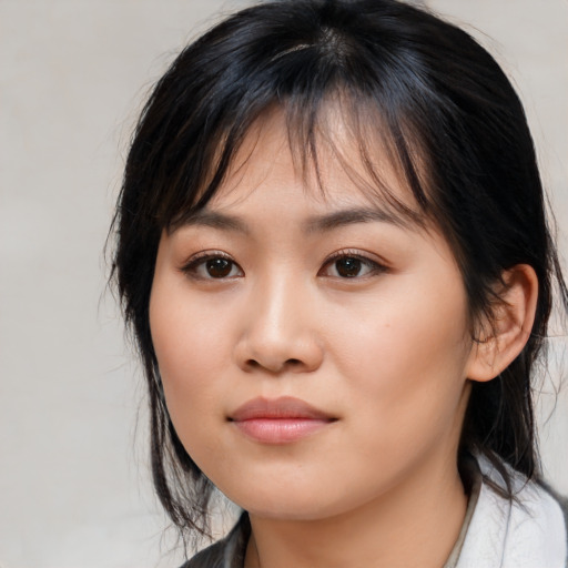 Neutral asian young-adult female with medium  brown hair and brown eyes