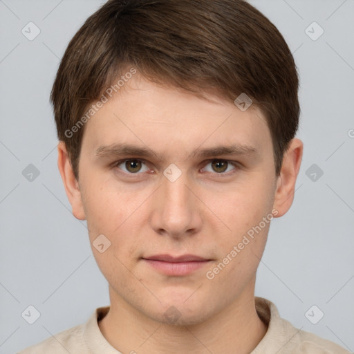 Neutral white young-adult male with short  brown hair and brown eyes