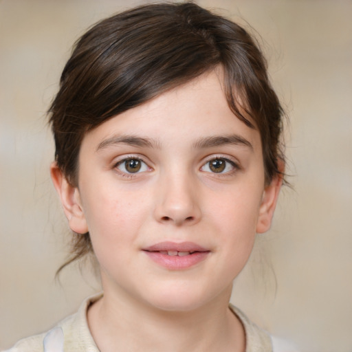 Joyful white child female with medium  brown hair and brown eyes