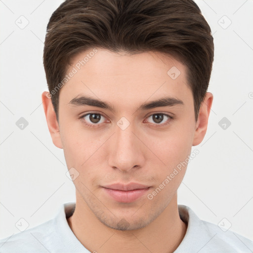 Neutral white young-adult male with short  brown hair and brown eyes