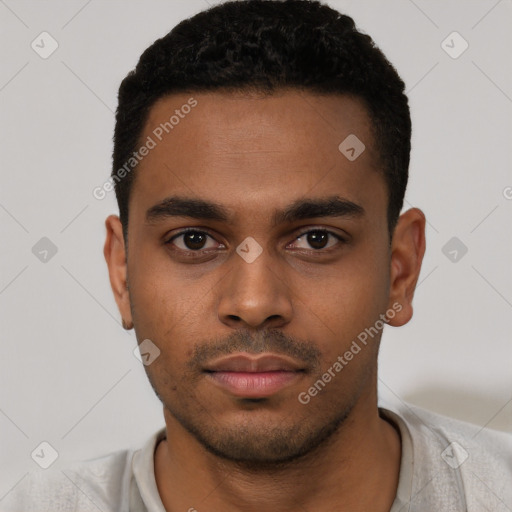 Neutral latino young-adult male with short  black hair and brown eyes