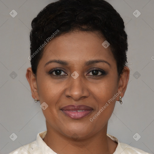 Joyful latino young-adult female with short  brown hair and brown eyes