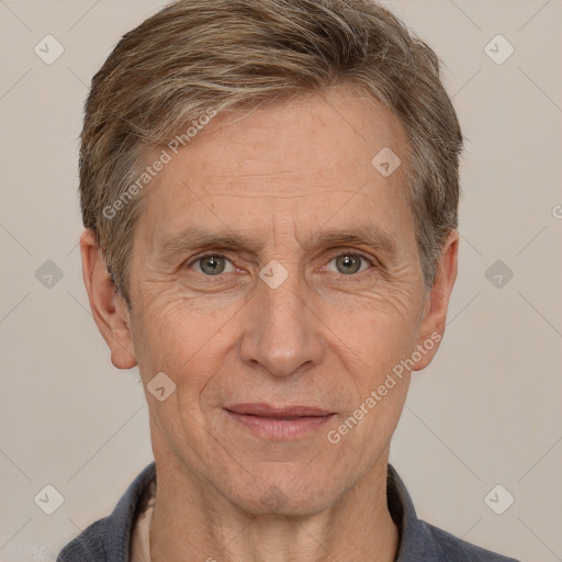 Joyful white middle-aged male with short  brown hair and brown eyes