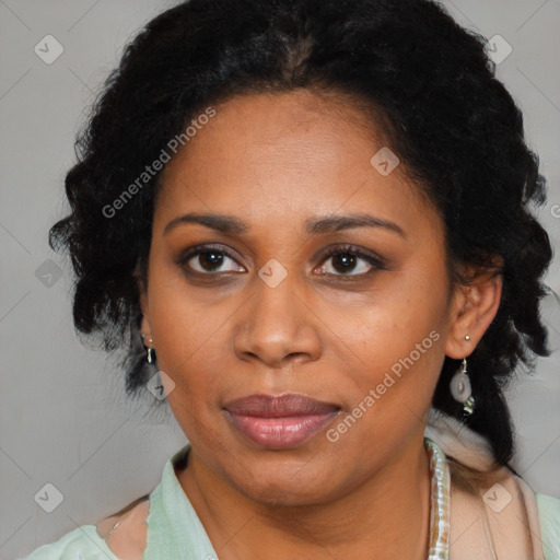 Joyful latino young-adult female with medium  black hair and brown eyes