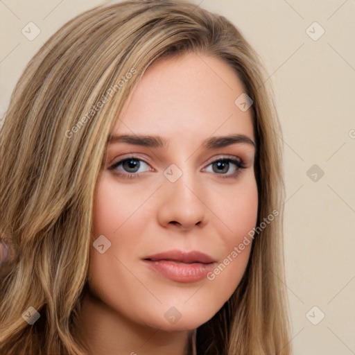 Neutral white young-adult female with long  brown hair and brown eyes