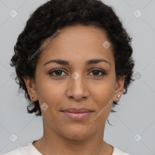 Joyful latino young-adult female with short  brown hair and brown eyes