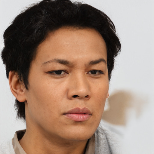 Neutral asian young-adult female with short  brown hair and brown eyes
