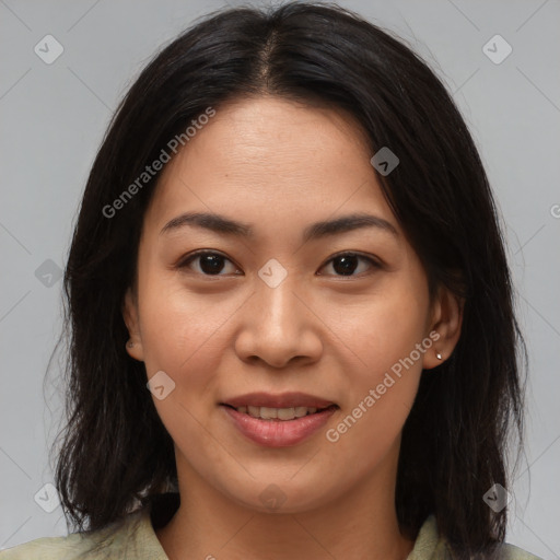 Joyful asian young-adult female with medium  brown hair and brown eyes