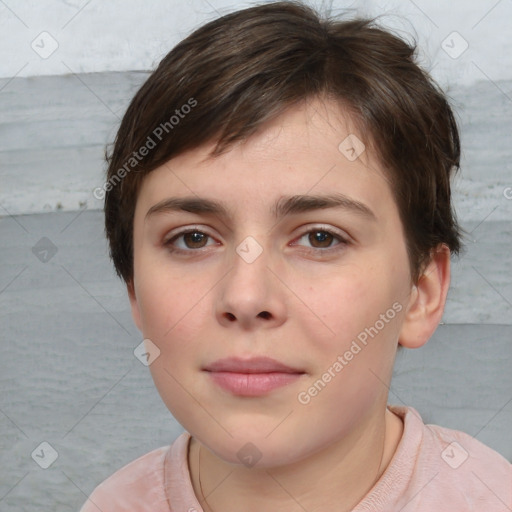 Neutral white young-adult female with short  brown hair and brown eyes