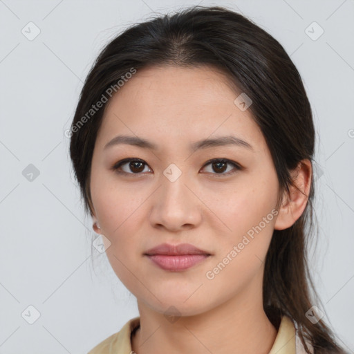 Neutral white young-adult female with medium  brown hair and brown eyes