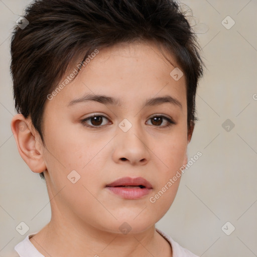 Neutral white young-adult female with short  brown hair and brown eyes