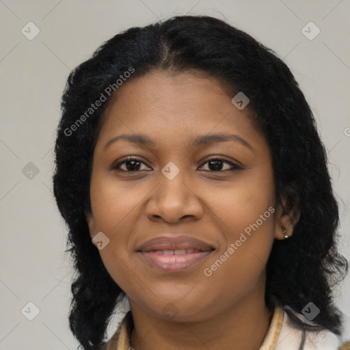 Joyful black young-adult female with medium  brown hair and brown eyes