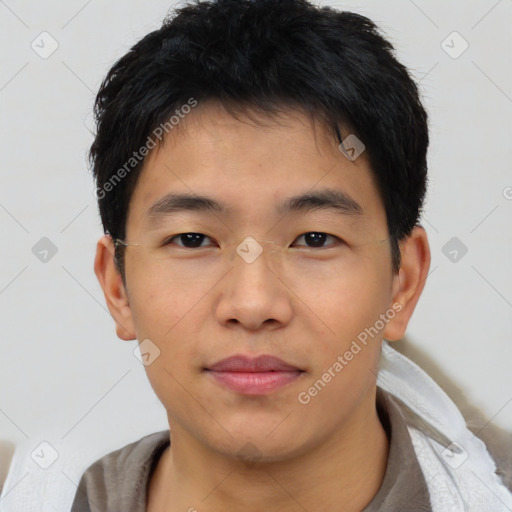 Neutral asian young-adult male with short  brown hair and brown eyes