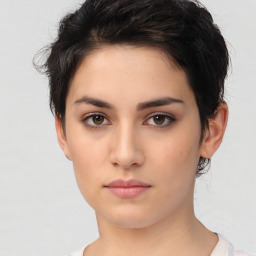 Neutral white young-adult female with medium  black hair and brown eyes