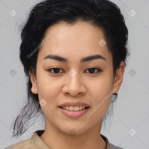 Joyful latino young-adult female with medium  black hair and brown eyes