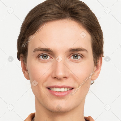 Joyful white young-adult female with short  brown hair and grey eyes