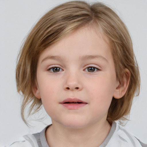 Neutral white child female with medium  brown hair and blue eyes