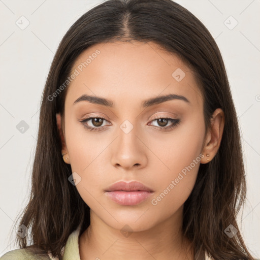 Neutral white young-adult female with long  brown hair and brown eyes