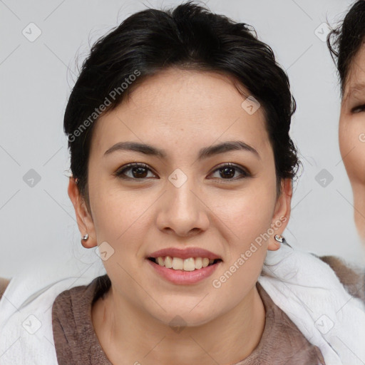 Joyful asian young-adult female with medium  brown hair and brown eyes