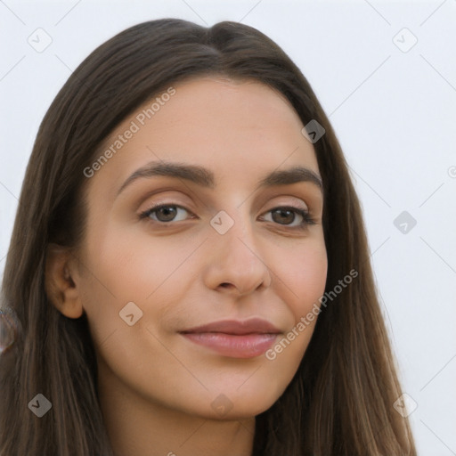 Neutral white young-adult female with long  brown hair and brown eyes