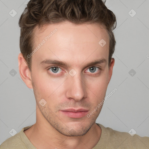 Neutral white young-adult male with short  brown hair and grey eyes