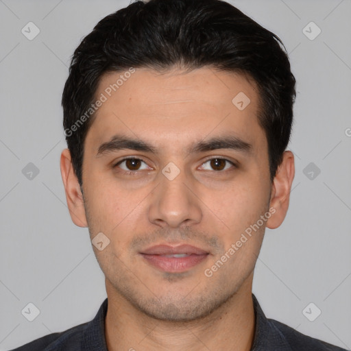 Neutral white young-adult male with short  black hair and brown eyes