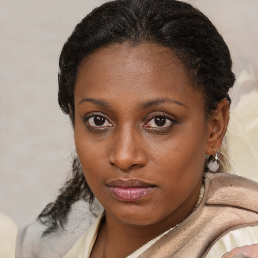 Neutral black young-adult female with medium  brown hair and brown eyes