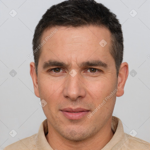 Neutral white adult male with short  brown hair and brown eyes