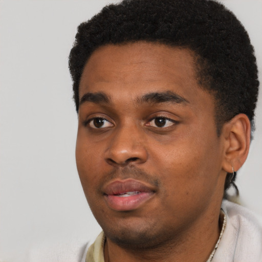Joyful black young-adult male with short  black hair and brown eyes