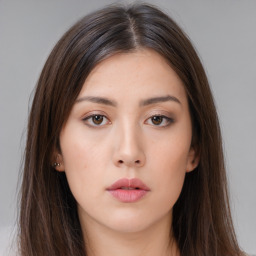 Neutral asian young-adult female with long  brown hair and brown eyes