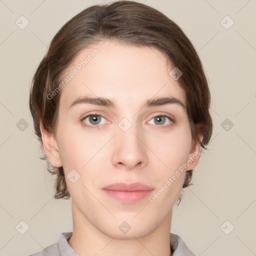 Neutral white young-adult female with short  brown hair and brown eyes