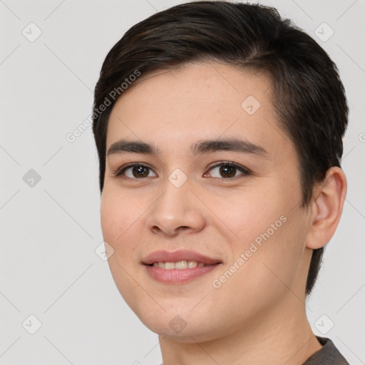 Joyful white young-adult female with short  brown hair and brown eyes