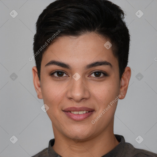 Joyful white young-adult female with short  brown hair and brown eyes