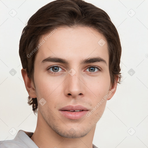 Neutral white young-adult male with short  brown hair and grey eyes