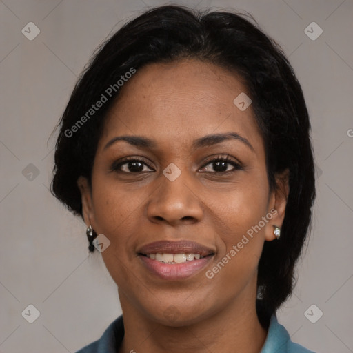 Joyful black young-adult female with medium  black hair and brown eyes