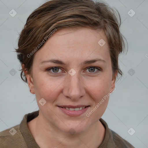 Joyful white young-adult female with medium  brown hair and blue eyes