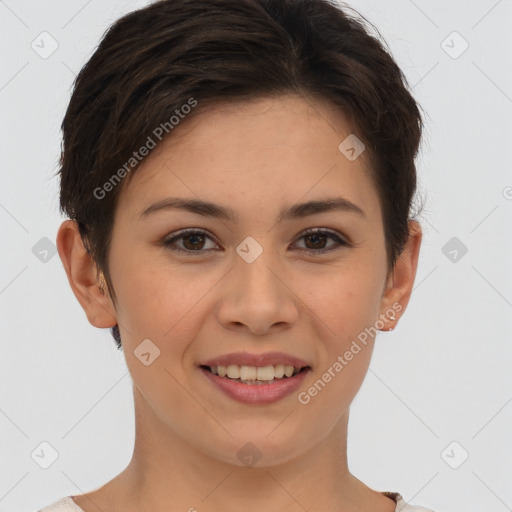 Joyful white young-adult female with short  brown hair and brown eyes