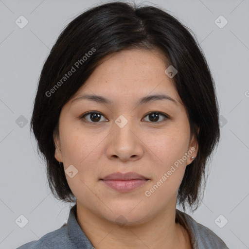 Neutral asian young-adult female with medium  brown hair and brown eyes