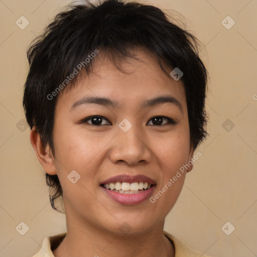 Joyful asian young-adult female with short  brown hair and brown eyes